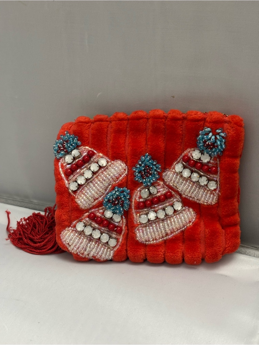 Anthropologie Orange Beaded Tassel Clutch with Blue Accents